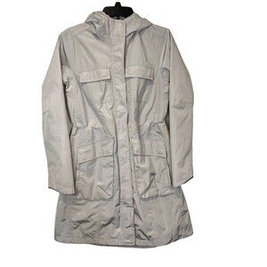 Athleta‎ Hooded Rain Coat Lightweight Beige Longline Jacket ** Flaw ** Size XS